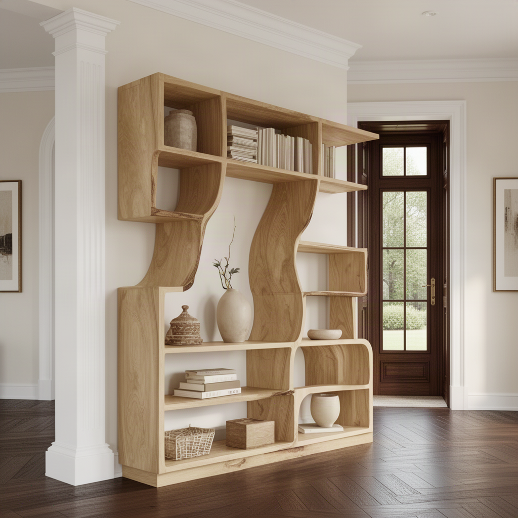 Verdane sculptural wood bookshelf styled in a modern interior, highlighting its flowing curved open shelves