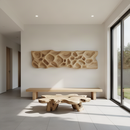 Riverstone sculptural wood wall art panel styled in a modern interior, highlighting its carved river stone relief