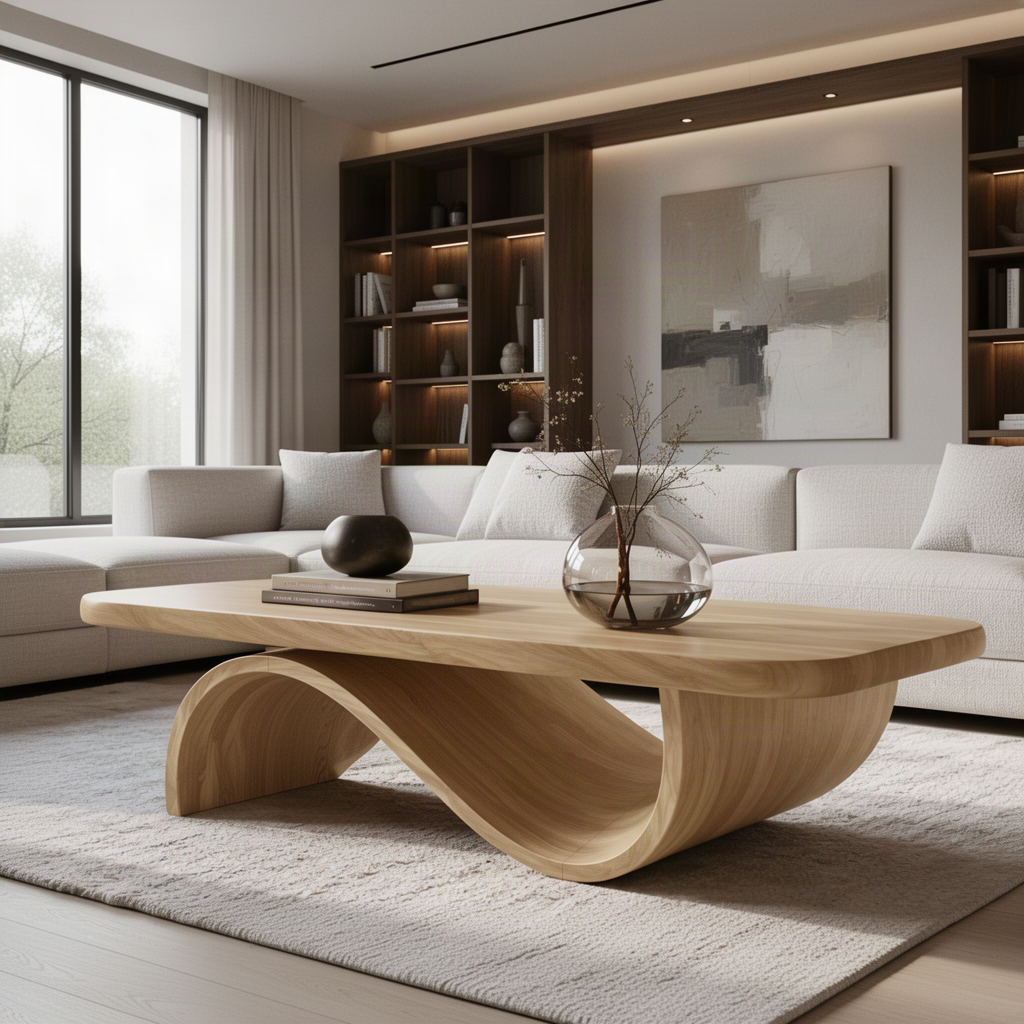 Ribbon Arc sculptural wood coffee table styled in a modern interior, highlighting its arched ribbon-like base