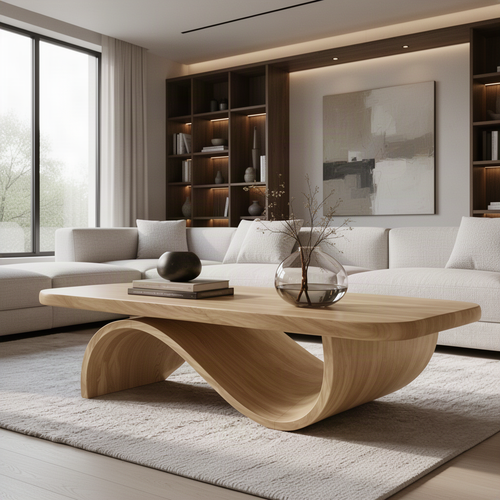 Ribbon Arc sculptural wood coffee table styled in a modern interior, highlighting its arched ribbon-like base