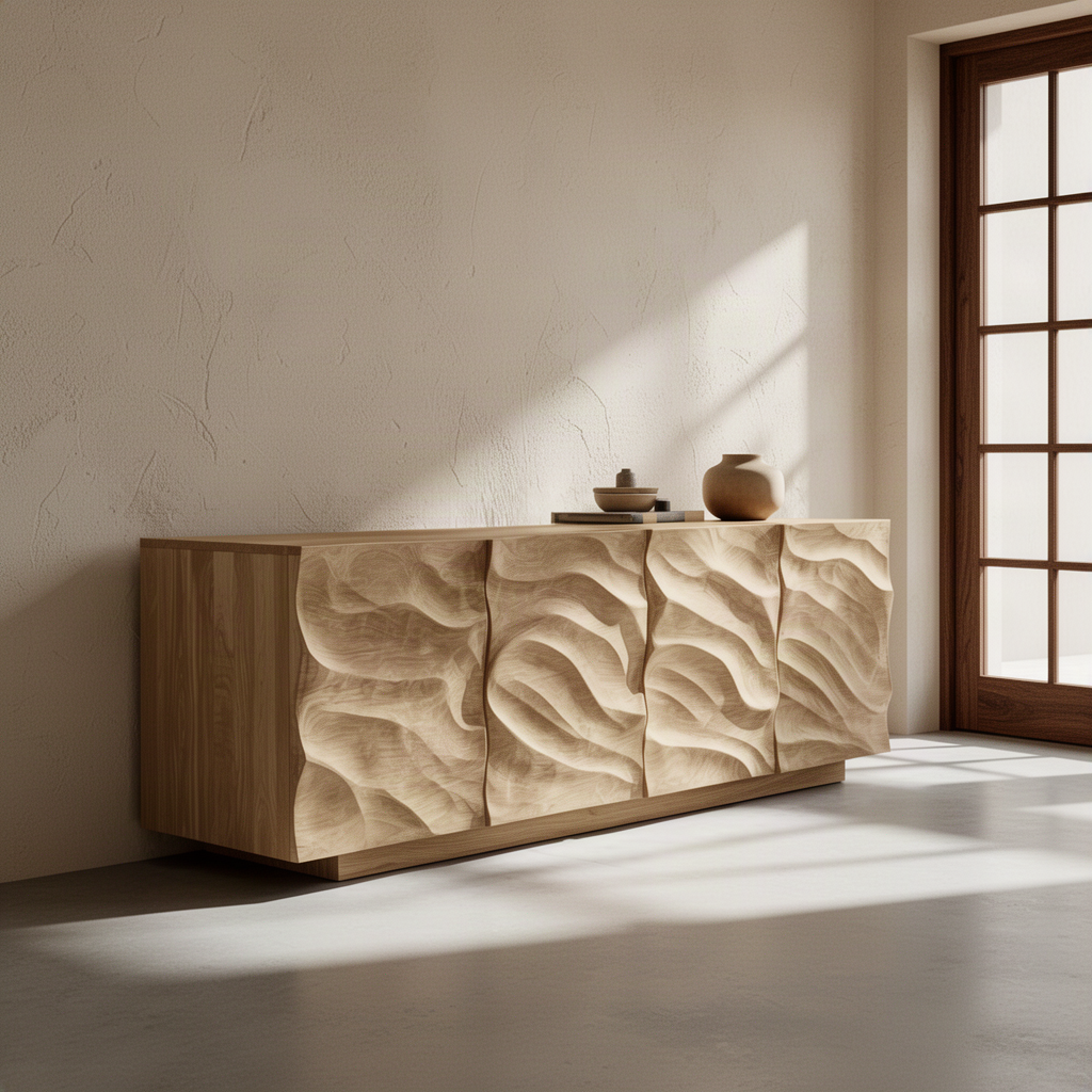 Wavora sculptural wood sideboard styled in a modern interior, highlighting its carved wave doors