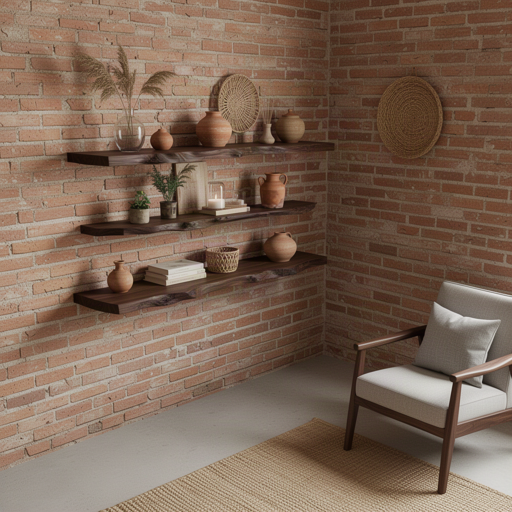 Close-up of Timberline live edge wood floating shelf showing its natural live edge and solid wood grain and natural