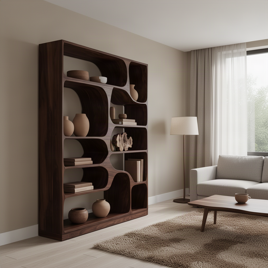 Close-up of Calyra sculptural wood bookcase showing its curved open display shelves and natural solid wood grain