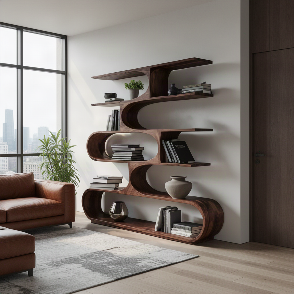 Close-up of Swayline sculptural wood bookcase showing its curved open shelves and natural solid wood grain