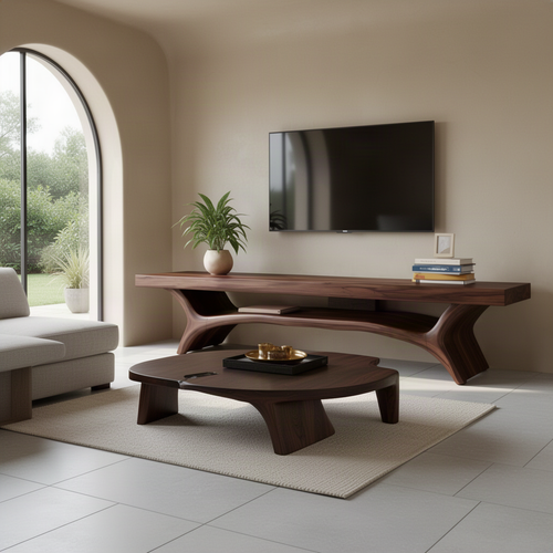 Close-up of Solenne sculptural wood TV stand showing its organic sculpted form and open storage shelf and natural solid