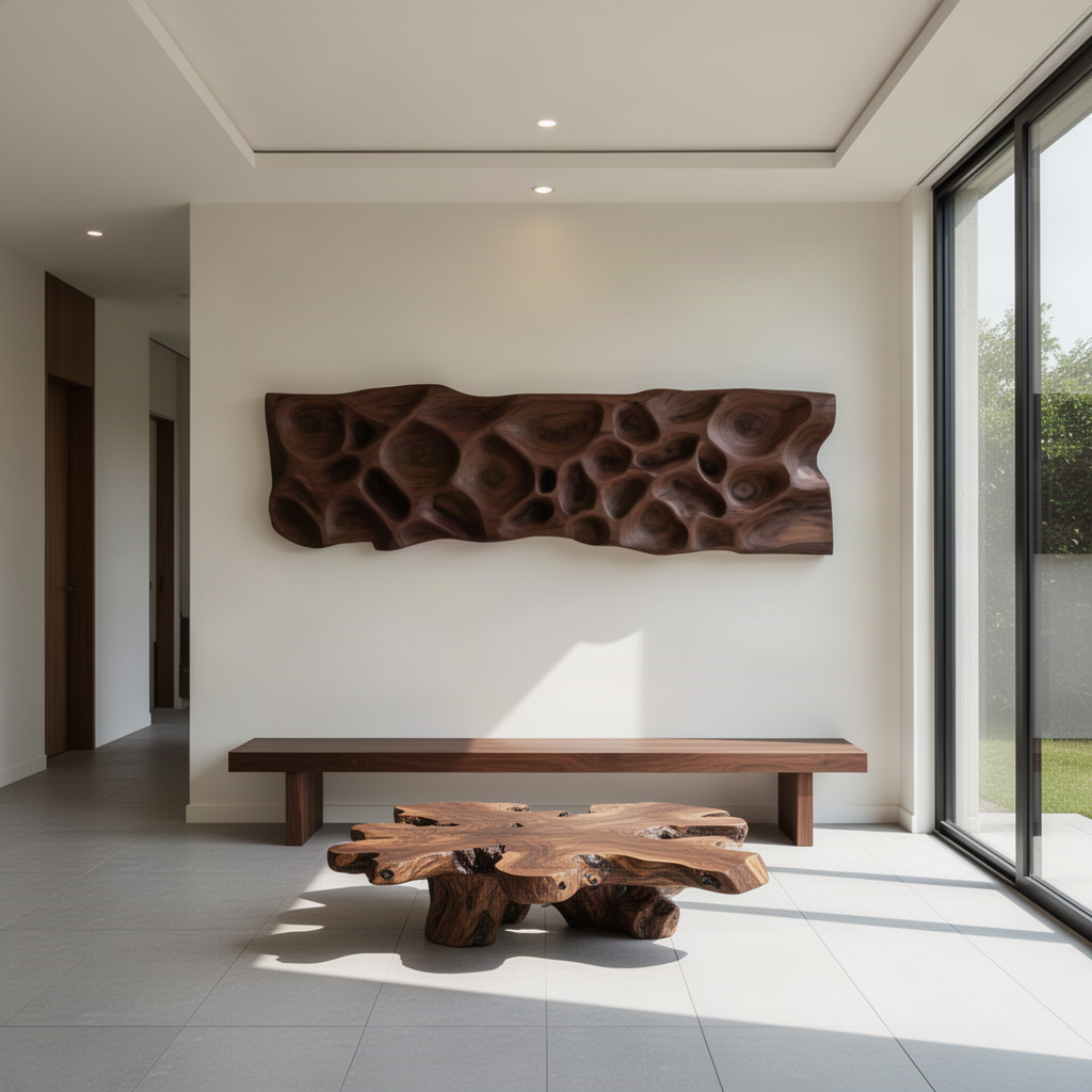 Close-up of Riverstone sculptural wood wall art panel showing its carved river stone relief and natural solid wood grain