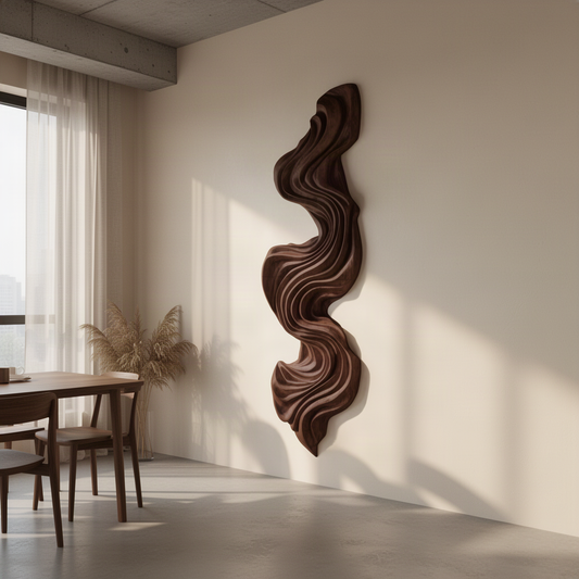 Close-up of Aurelle sculptural wood wall art panel showing its hand-carved flowing wave relief and natural solid wood