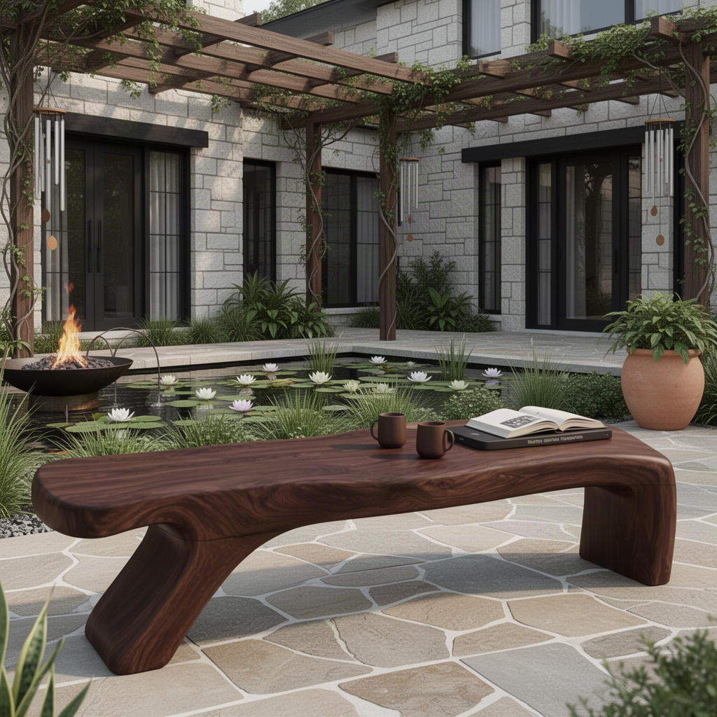 Terrava live edge wood bench in rich Walnut tone with books and cups beside a garden pond and pergola