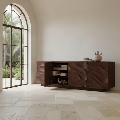 Close-up of Wavora sculptural wood sideboard showing its carved wave doors and natural solid wood grain