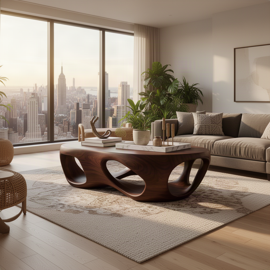 Close-up of Flowform sculptural wood coffee table showing its flowing organic form and natural solid wood grain