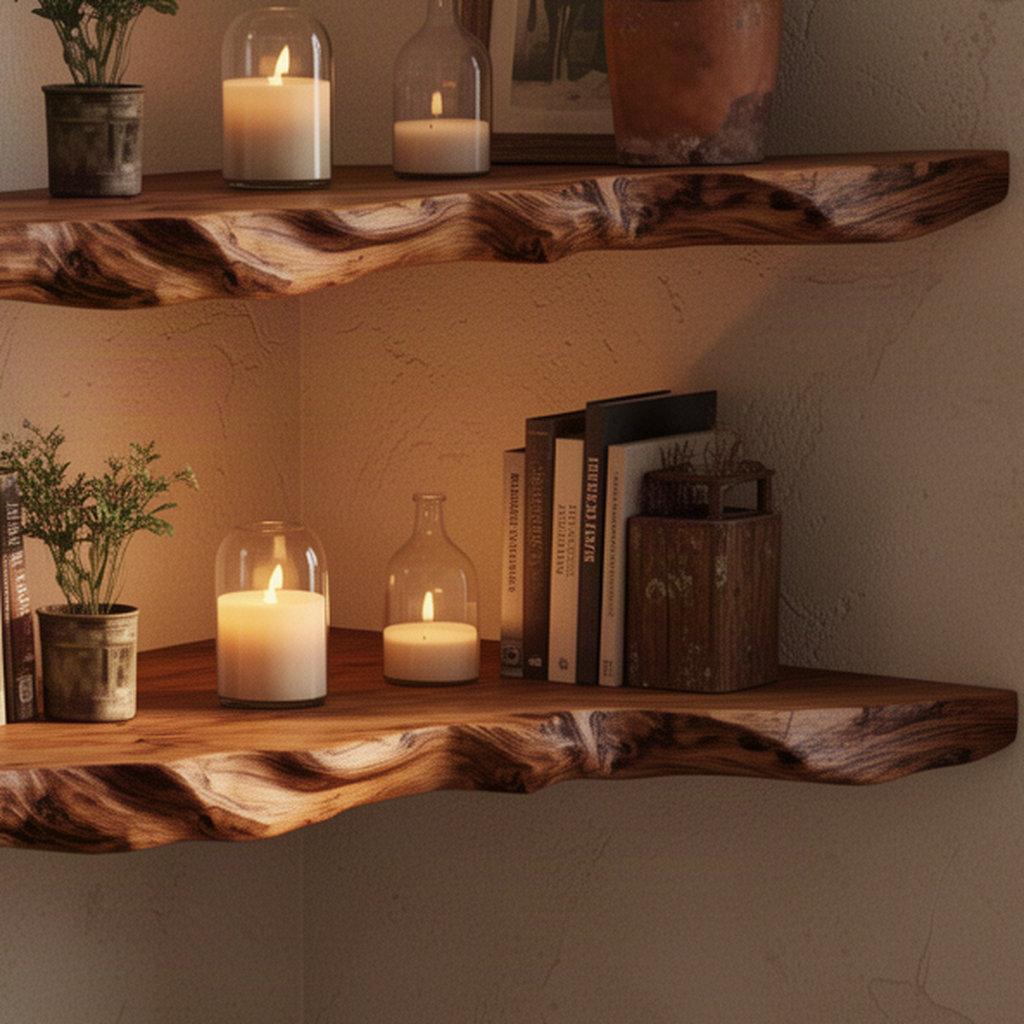 Close-up of Timberline live edge wood floating shelf showing its natural live edge and solid wood grain and natural