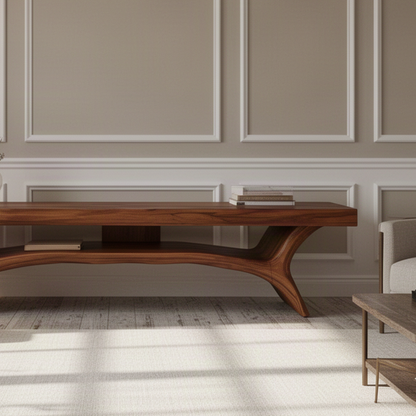 Close-up of Solenne sculptural wood TV stand showing its organic sculpted form and open storage shelf and natural solid