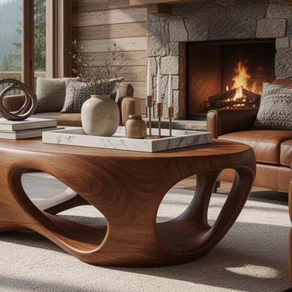 Close-up of Flowform sculptural wood coffee table showing its flowing organic form and natural solid wood grain