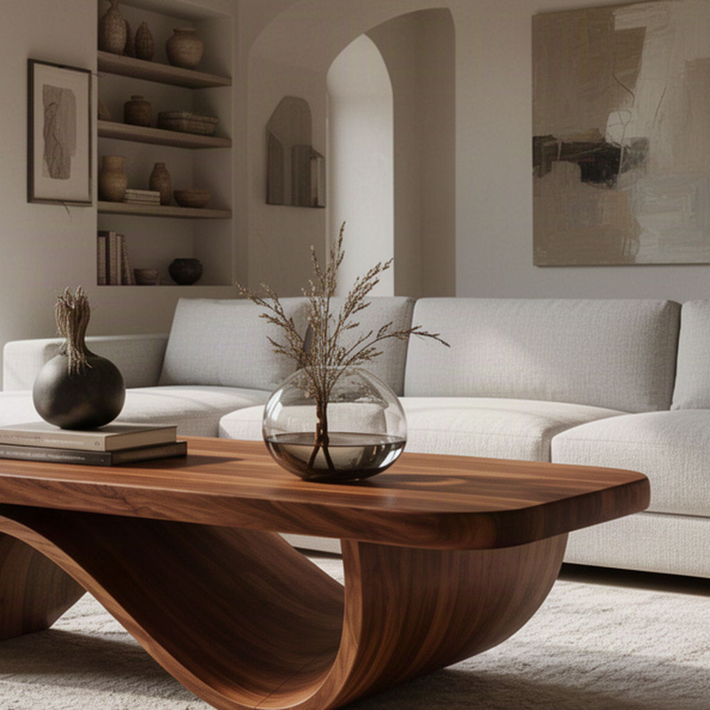Close-up of Ribbon Arc sculptural wood coffee table showing its arched ribbon-like base and natural solid wood grain