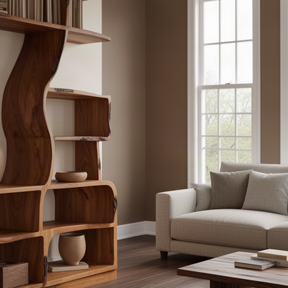 Close-up of Verdane sculptural wood bookshelf showing its flowing curved open shelves and natural solid wood grain