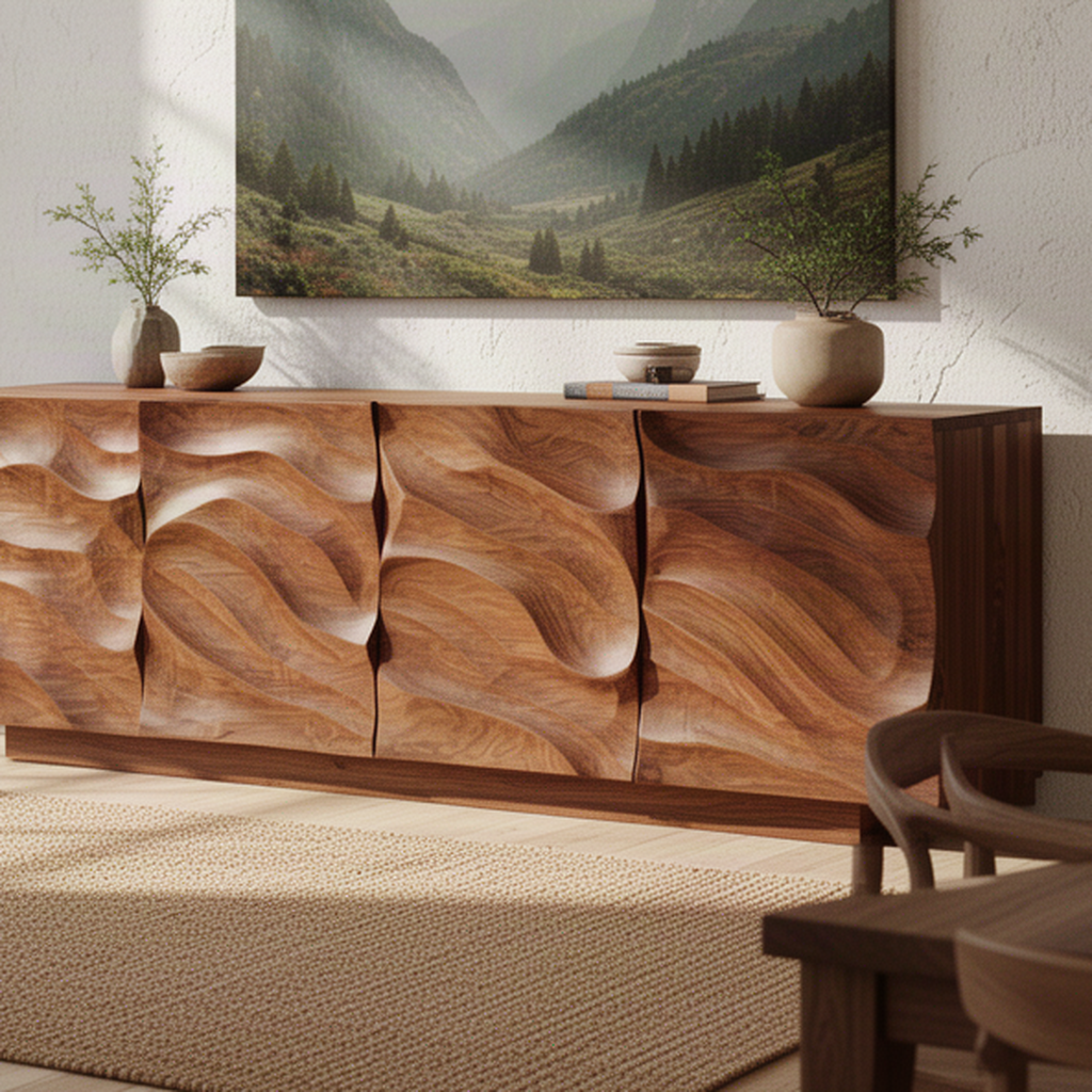 Close-up of Wavora sculptural wood sideboard showing its carved wave doors and natural solid wood grain