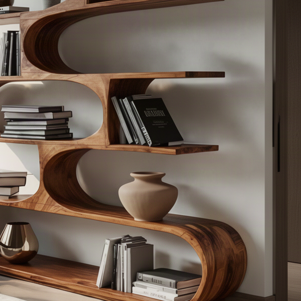 Close-up of Swayline sculptural wood bookcase showing its curved open shelves and natural solid wood grain