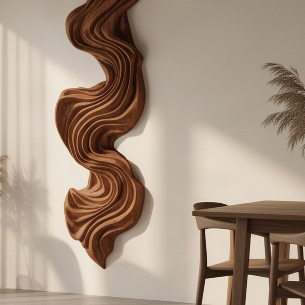 Close-up of Aurelle sculptural wood wall art panel showing its hand-carved flowing wave relief and natural solid wood