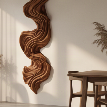 Close-up of Aurelle sculptural wood wall art panel showing its hand-carved flowing wave relief and natural solid wood