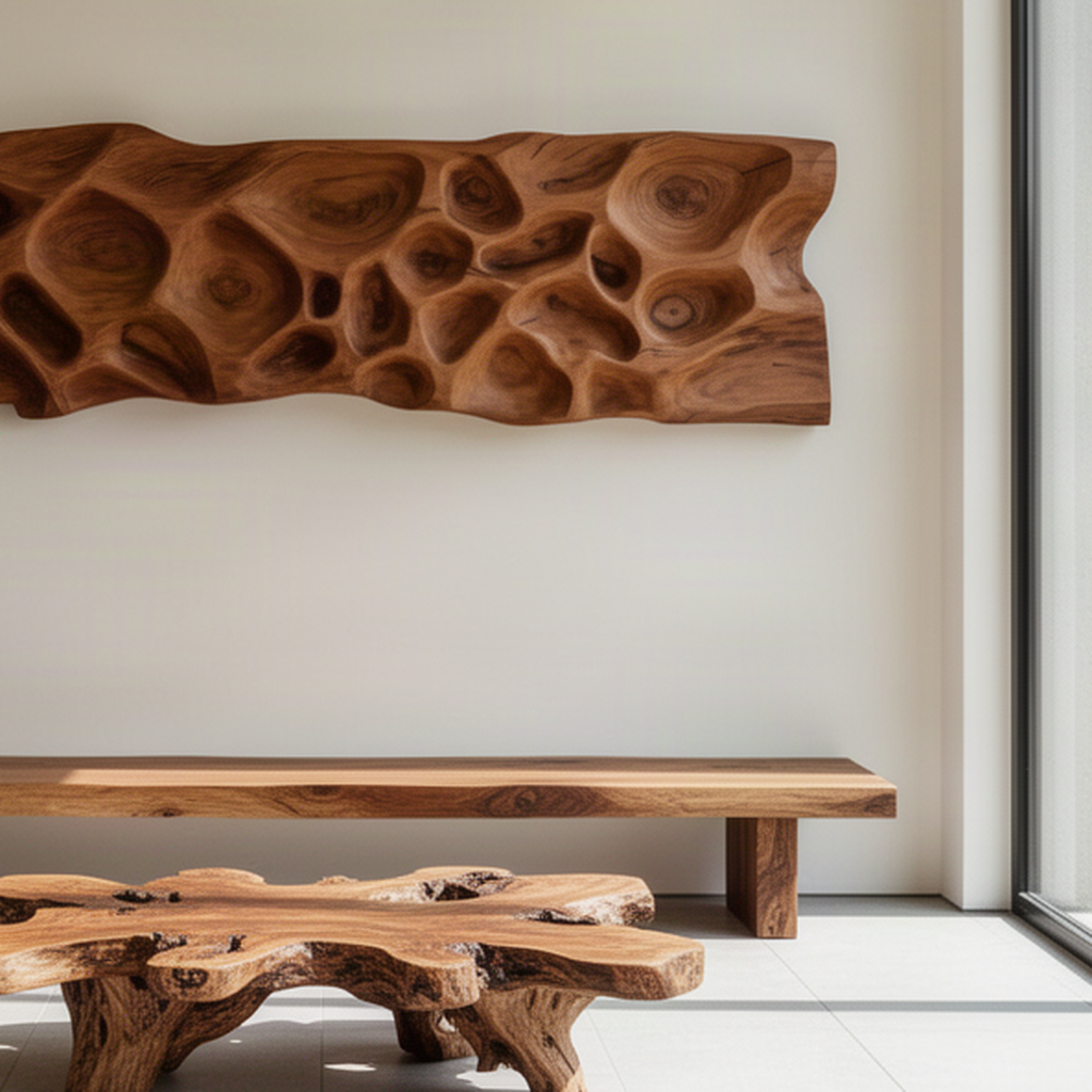 Close-up of Riverstone sculptural wood wall art panel showing its carved river stone relief and natural solid wood grain