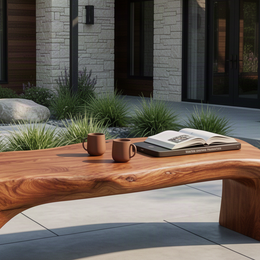 Close-up of Terrava wood bench showing live-edge-inspired seat edge, natural grain and curved solid wood support