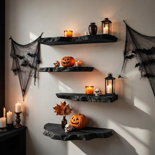 Hearthwood Live Edge Wood Floating Shelf in Black finish with natural live edge front