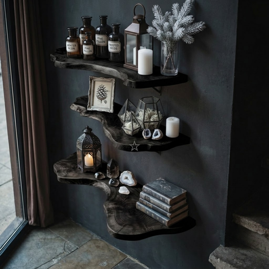 Ashgrove Live Edge Wood Floating Shelf in Black finish with rustic live edge front