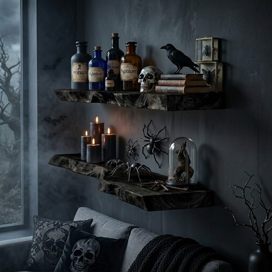 Fernvale Live Edge Wood Floating Shelf in Black finish with live edge and clean floating profile
