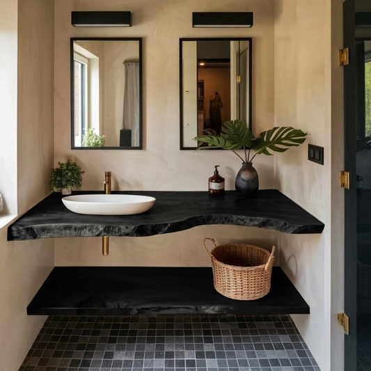 Cedarfall live edge wood bathroom vanity in Black finish with natural live edge and wall-mounted floating profile in a