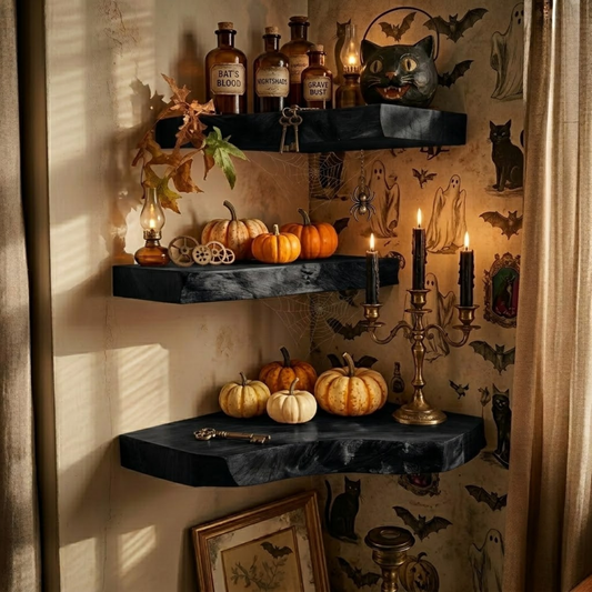 Nookwood Live Edge Wood Corner Floating Shelf in Black finish with corner shape with natural live edge