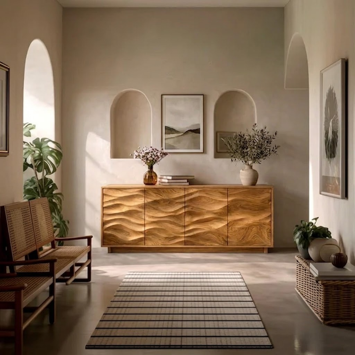 Marisol Sculptural Wood Sideboard in Oak finish with hand-carved wave front, handcrafted from natural solid wood