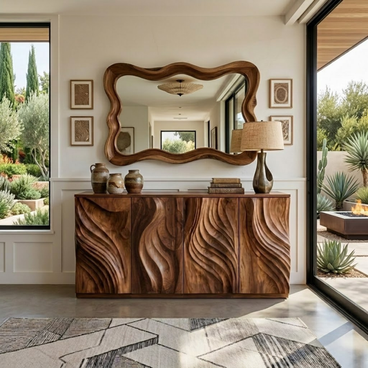 Dunewood Sculptural Wood Sideboard in Walnut finish with dune-like hand-carved front