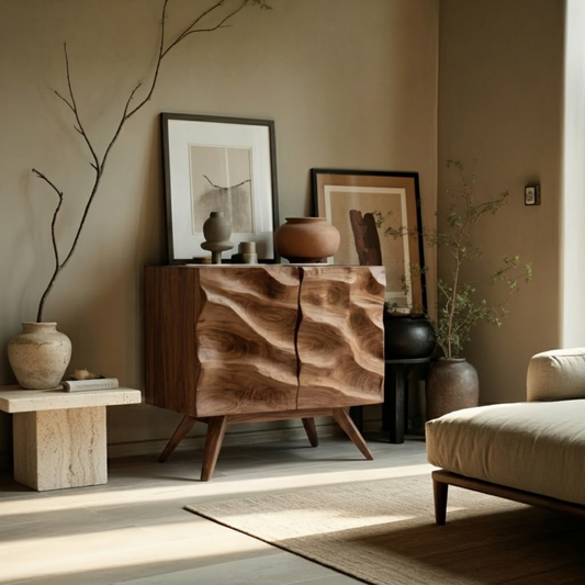 Undine Sculptural Wood Accent Cabinet in Walnut finish with carved wave 2-door front