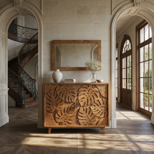 Palmera Sculptural Wood Cabinet in Walnut finish with hand-carved monstera leaf doors