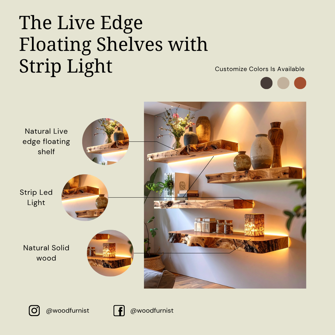 Live Edge Solid Wood Floating Shelf With Strip Light | Rustic Modern Wall Shelf for Home Decor