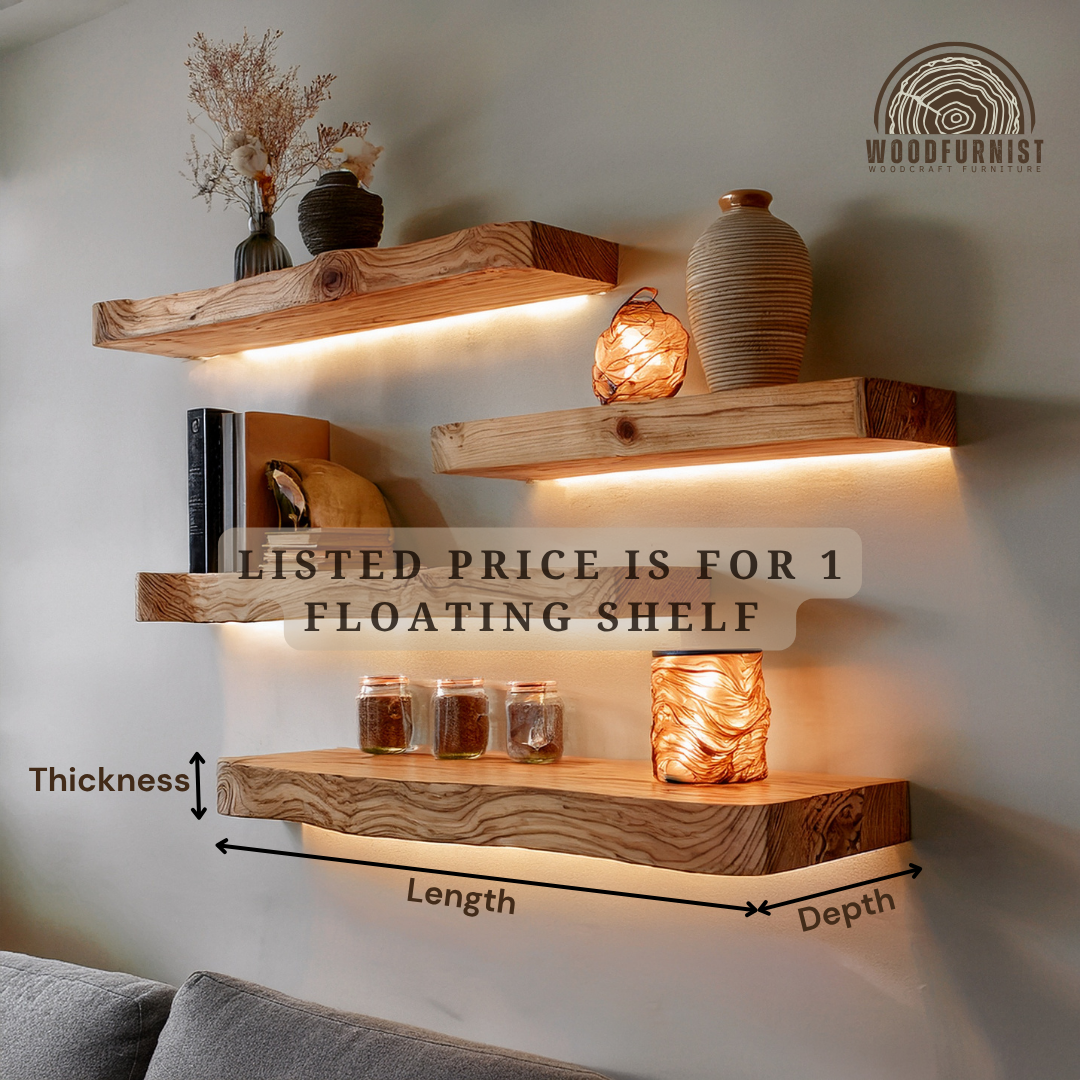 Handcrafted Live Edge Solid Wood Floating Shelf | Rustic Natural Floating Wall Shelf for Home Decor