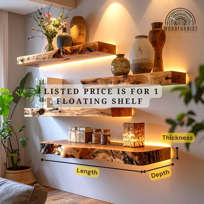 Live Edge Solid Wood Floating Shelf With Strip Light | Rustic Modern Wall Shelf for Home Decor