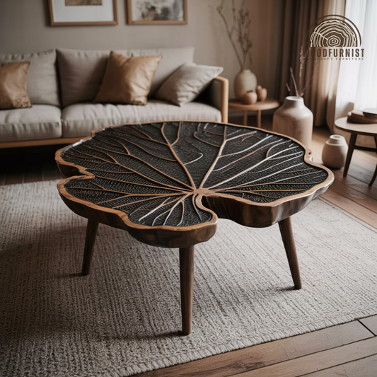 Wood Leaf Coffee Table – Unique Nature Inspired Center Table, Rustic Modern Home DecorWFNED0068