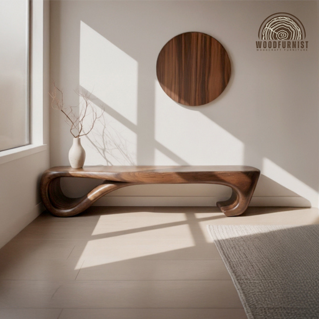 Organic Live Edge Solid Wood Bench with Sculpted Base