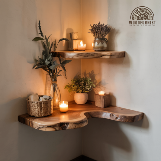 Handcrafted Rustic Corner Floating Wooden Shelf | Natural Live Edge Wall Shelf for Home Decor WFNED0103