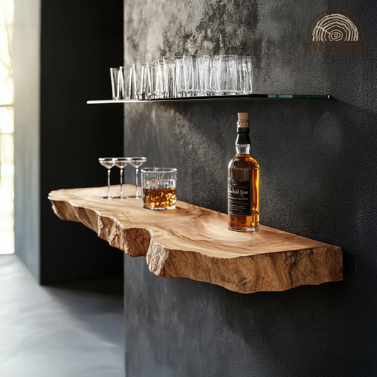 Live Edge Floating Bar Shelf – Solid Wood Wall-Mounted Whiskey & Liquor Display Shelf WFNVA0018