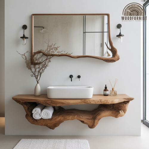 Live Edge Bathroom Vanity with Shelf – Solid Wood Floating Sink Counter with Storage WFNVA0001