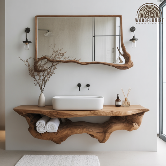 Live Edge Bathroom Vanity with Shelf – Solid Wood Floating Sink Counter with Storage WFNVA0001