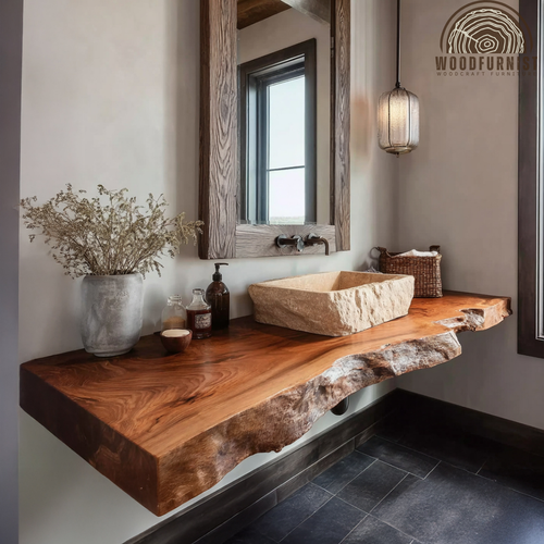 Live Edge Bathroom Vanity – Solid Wood Floating Sink Counter for Rustic Bathroom WFNVA0013