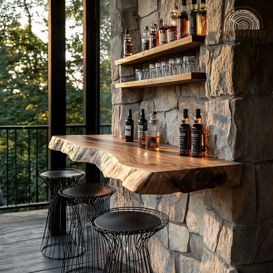 Live Edge Floating Bar Table – Solid Wood Wall-Mounted Whiskey Bar Counter & Shelf WFNVA0019