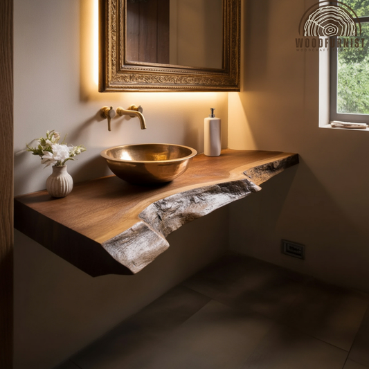 Live Edge Floating Bathroom Vanity – Solid Wood Wall-Mounted Sink Counter & Vanity Shelf WFNVA0017