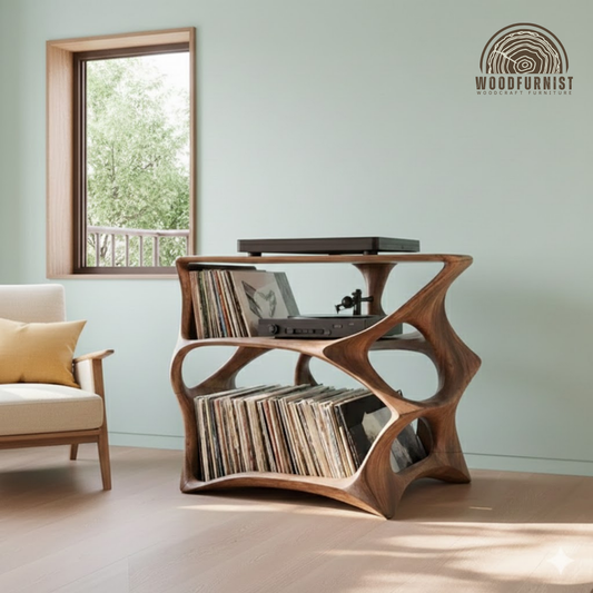 Handcrafted Solid Wood Record Player Stand – Mid-Century Modern Vinyl Storage Turntable Console WFNVA0208