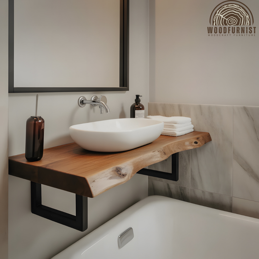 Live Edge Bathroom Vanity with Metal Brackets – Solid Wood Floating Sink Counter WFNVA0014