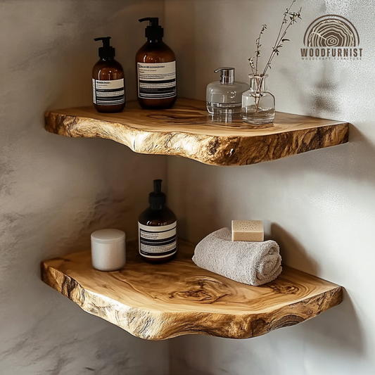 Rustic Live Edge Corner Floating Shelves – Handmade Solid Wood Wall Shelves