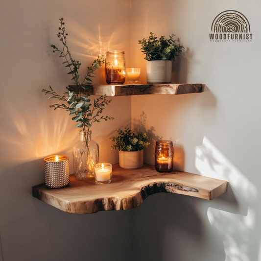 Rustic Live Edge Corner Floating Shelves – Handcrafted Solid Wood Wall Display WFNED0019